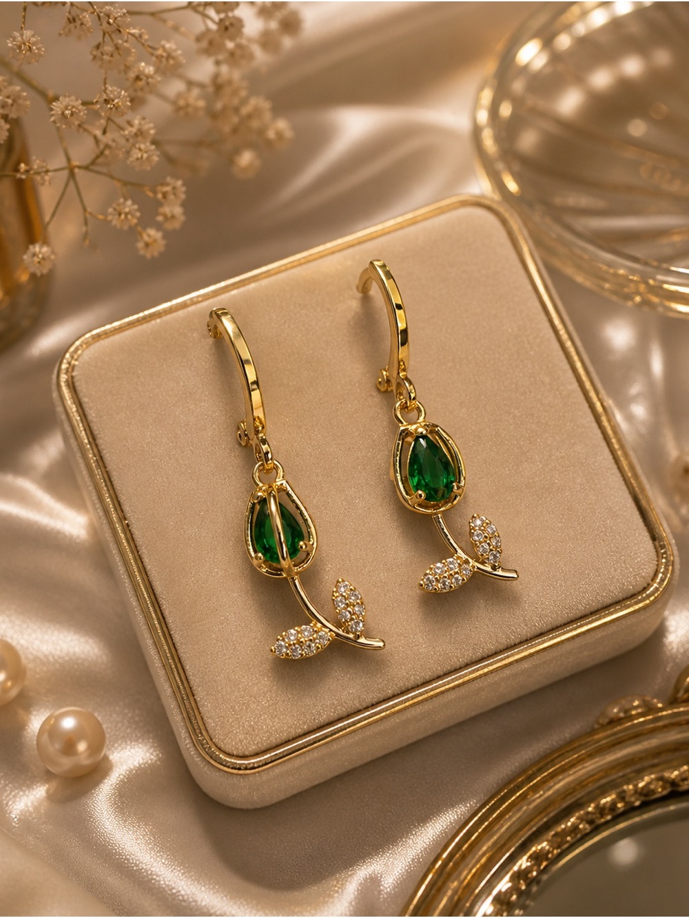 Gold Plated Green Teardrop Floral Dangle Earrings - Unbranded